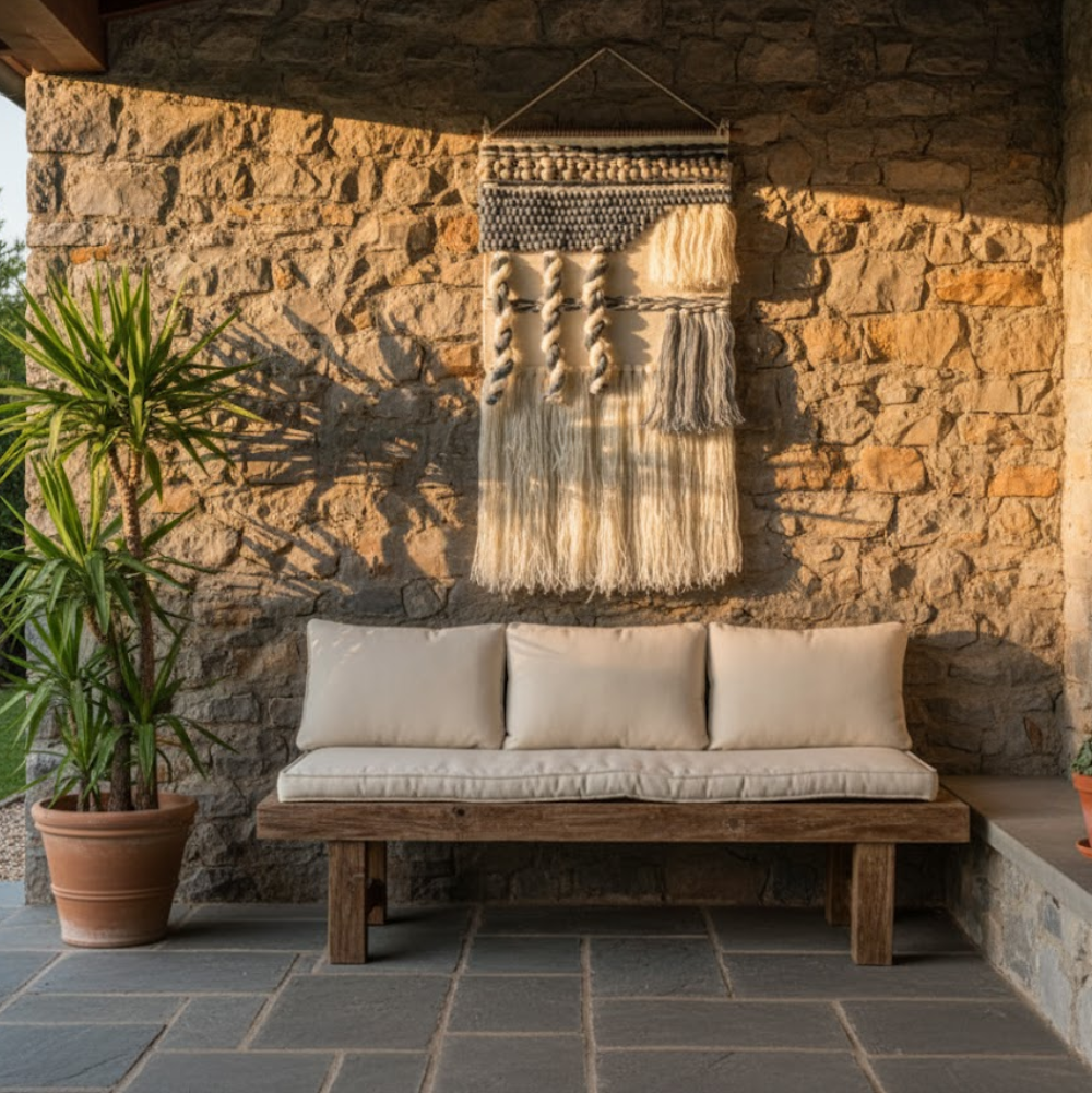 Tufted abstract wool wall hanging detail of fringe at the bottom