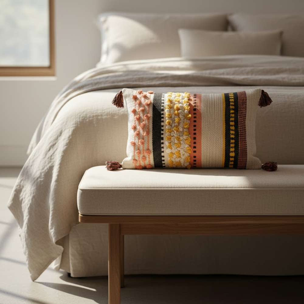 Striped tufted lumbar cushion cover styled on a bed