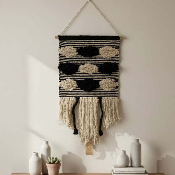 Black and Cream Striped Cotton Wall Hanging | Handwoven Boho Tassel Decor