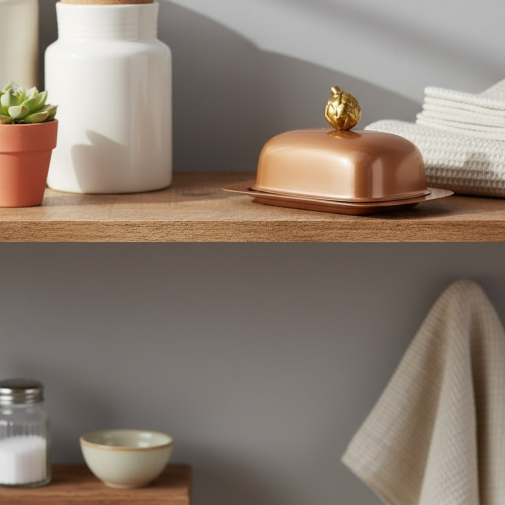 Steel butter dish on breakfast table