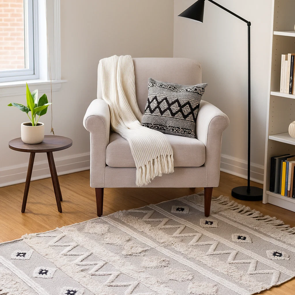 Full view of the panelled textured cotton rug