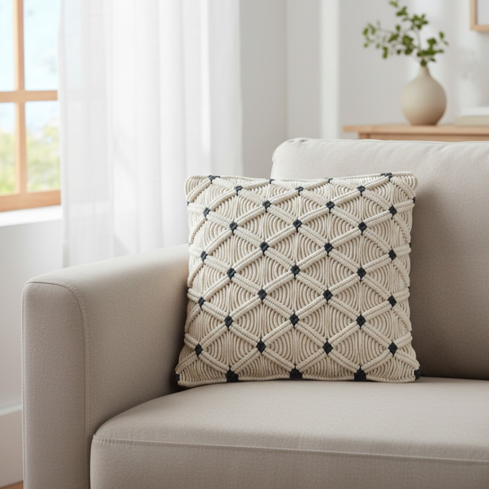 Macrame cushion cover close-up of cotton rope knots