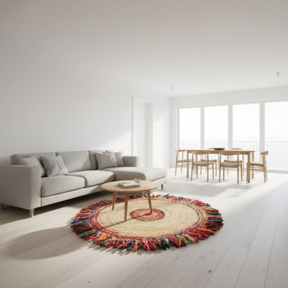 Full view of the hand-braided cotton and jute rug