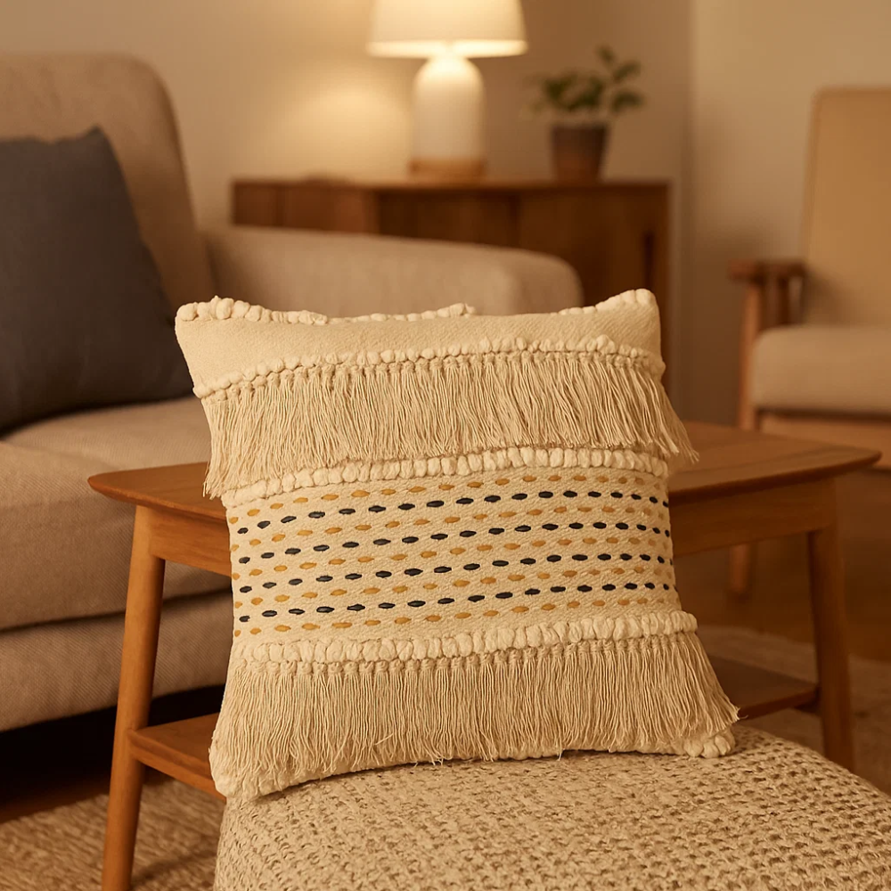 White fringed cushion cover detail of cotton weave