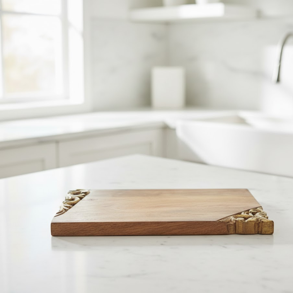 Gold border chopping board styled with food