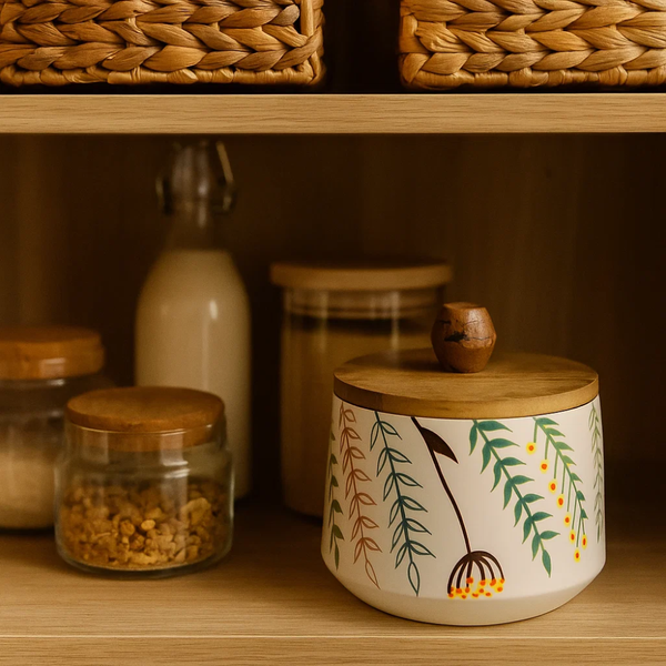 Enamel Mango Wood Canister | Botanical Lid | Gleemium