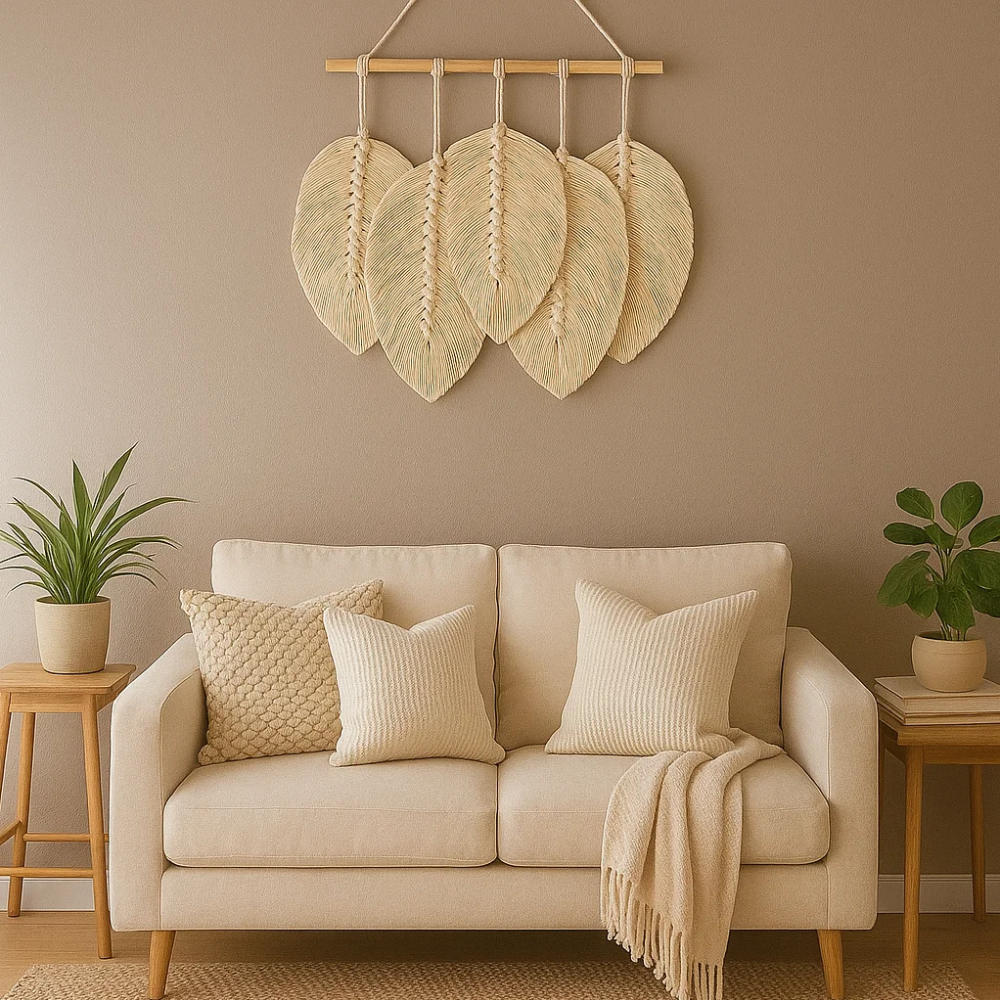 Small macrame leaf wall hanging shown at an angle