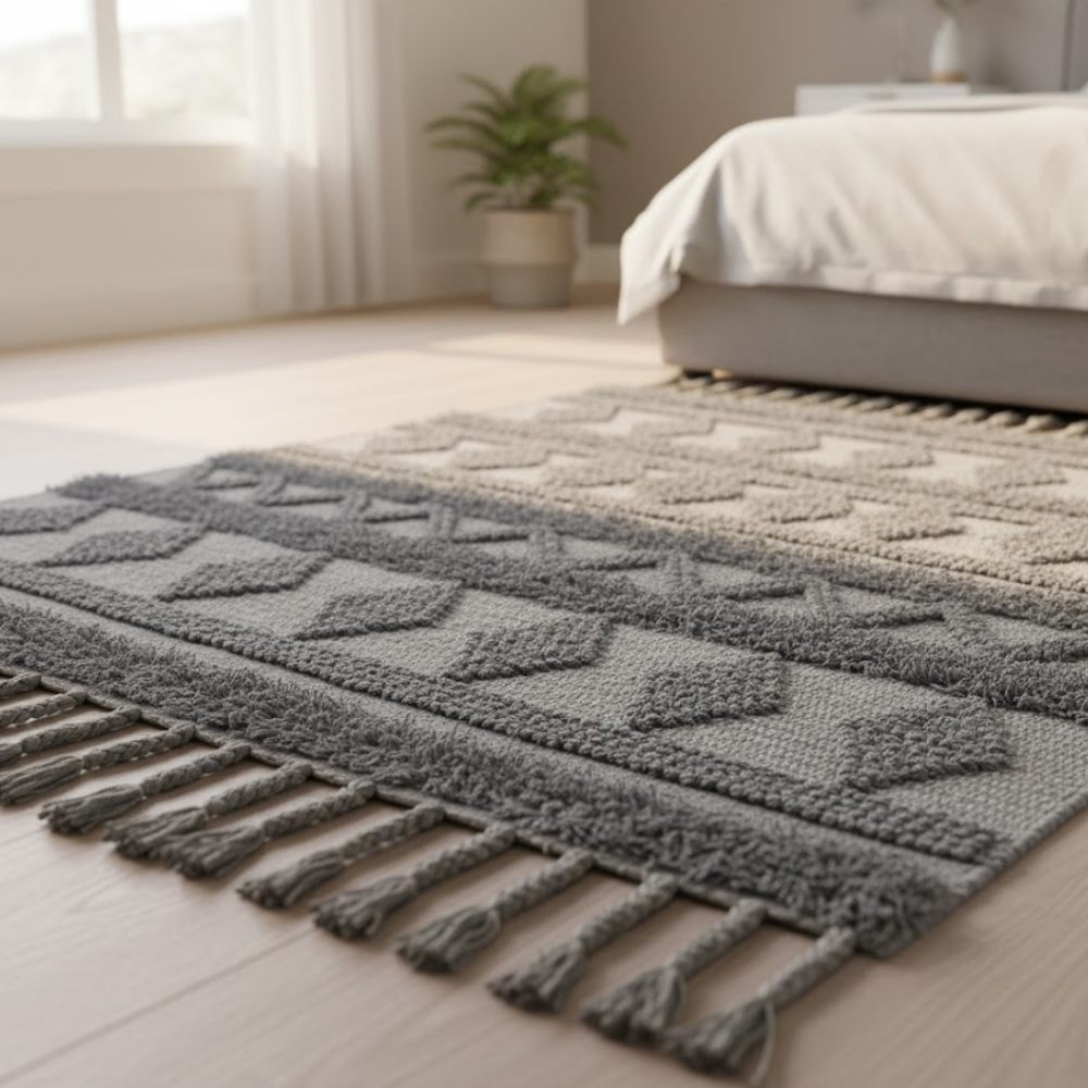 Ash grey tasseled rug styled on a floor