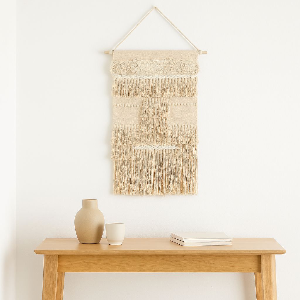 Beige wool and cotton wall hanging shown at an angle for depth