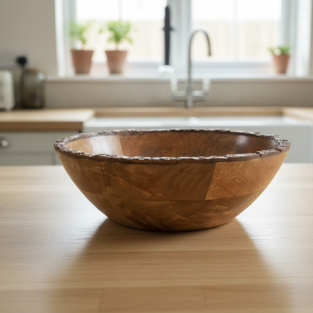 Wooden snack bowl side view