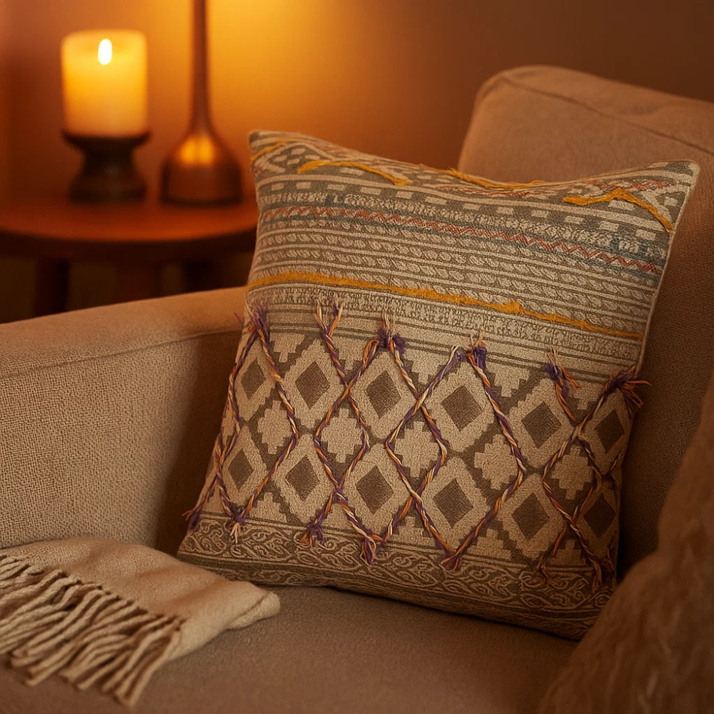 Maximal geometric cushion cover close-up of block print