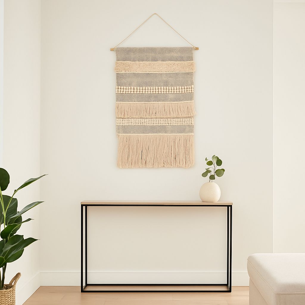 Neutral bayadere wall hanging close-up of woven texture