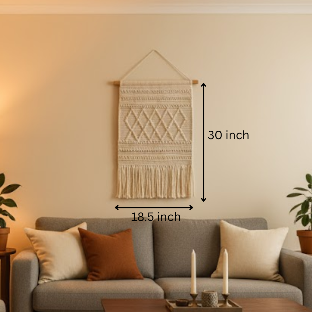Cream wool and cotton wall hanging detail of layered fringe