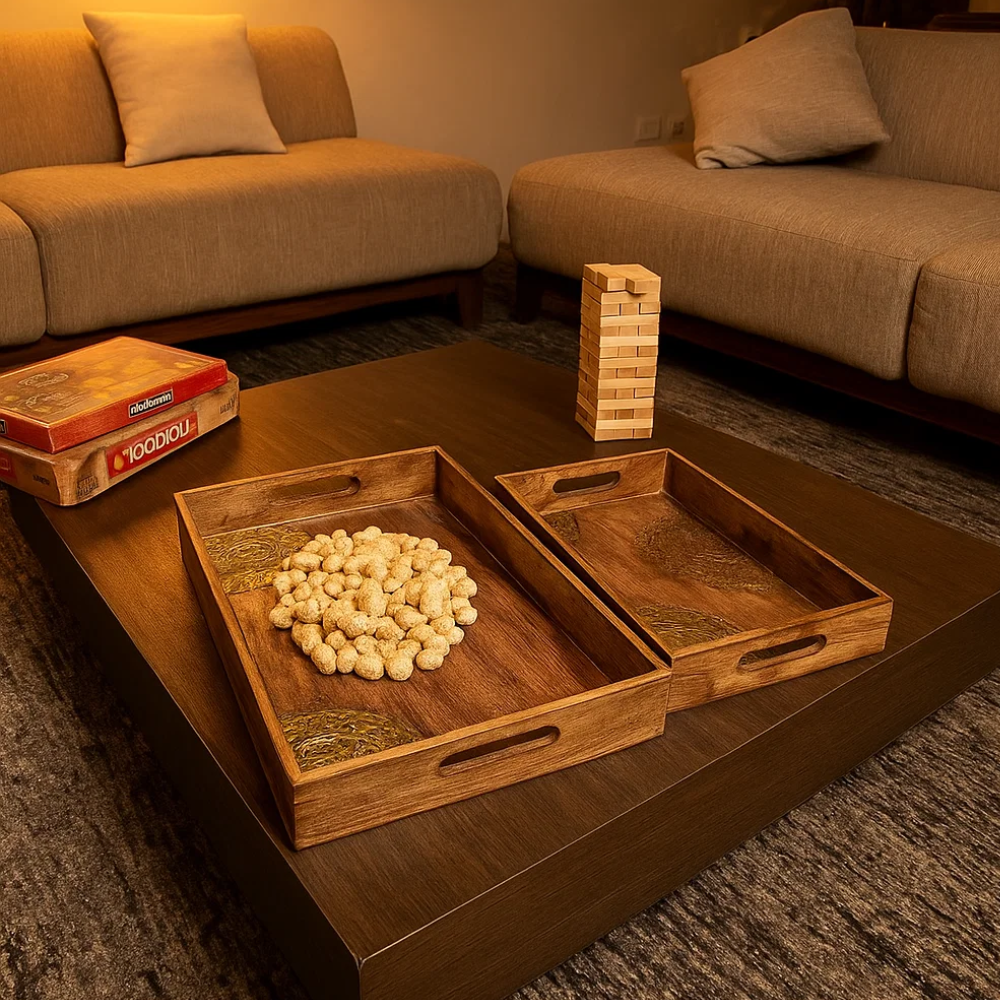 Wooden serving trays set nested view