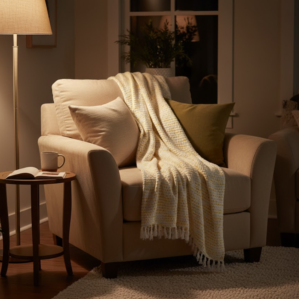 Textured throw blanket on a sofa