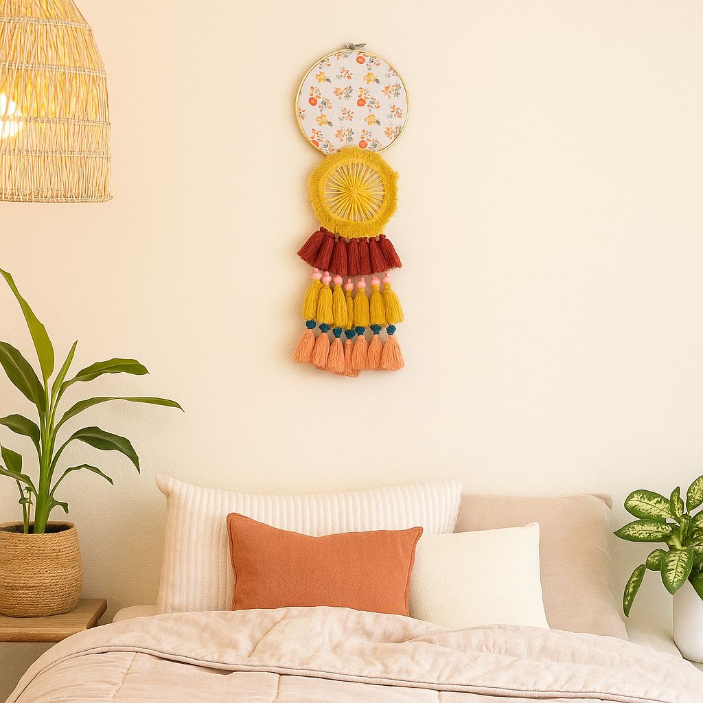 Floral boho dreamcatcher shown at an angle