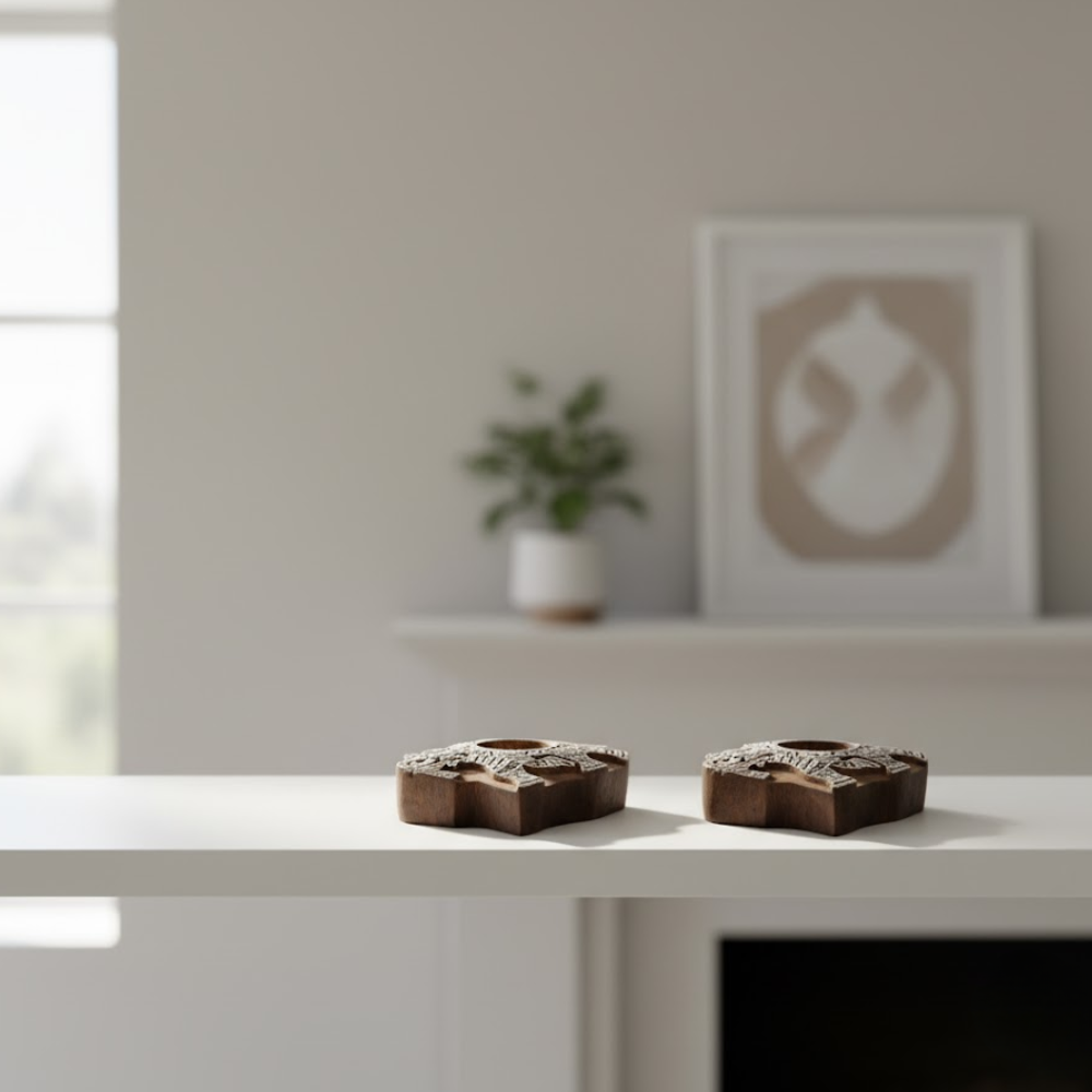 Wooden elephant tealight holders flat lay
