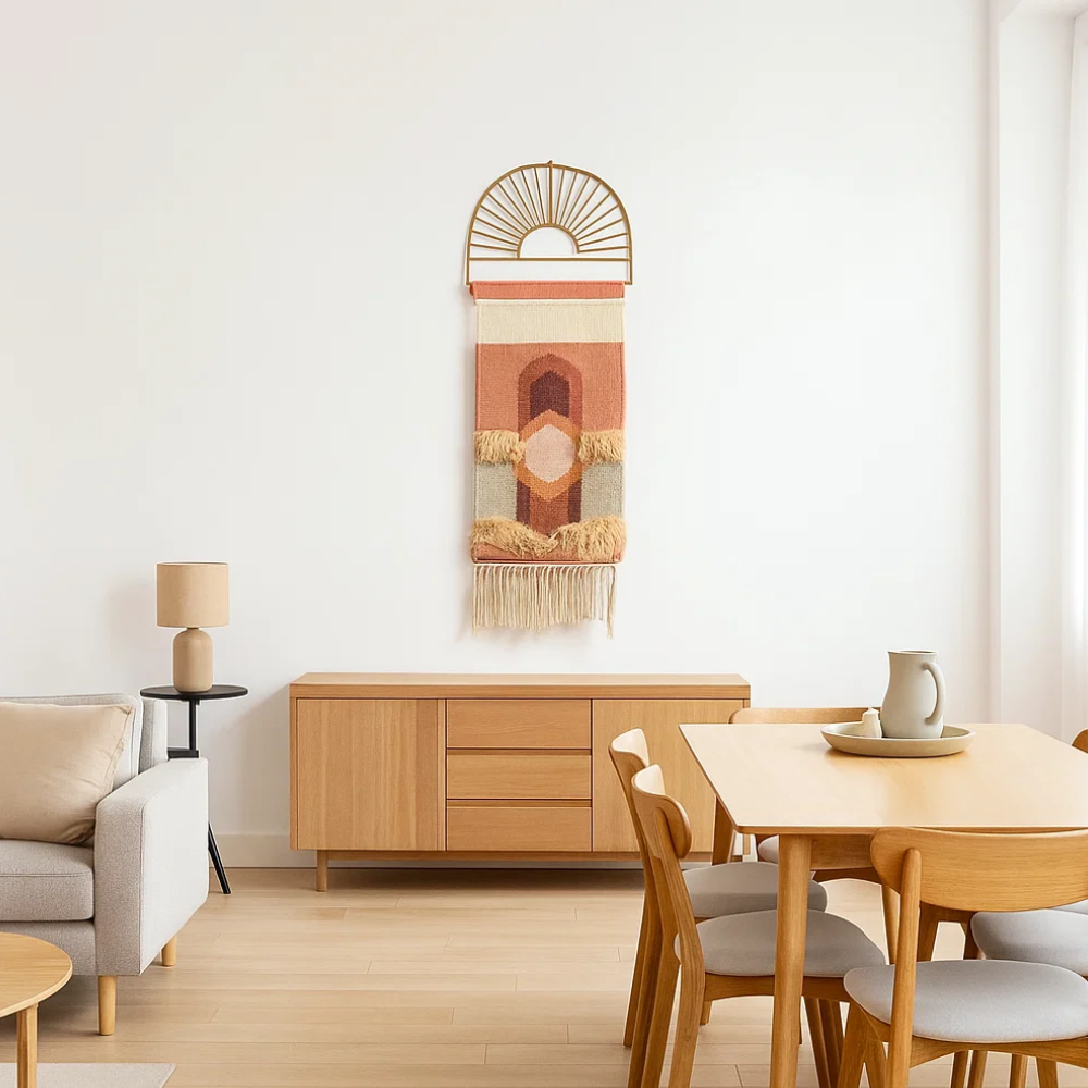 Pastel fringe wall hanging above bed