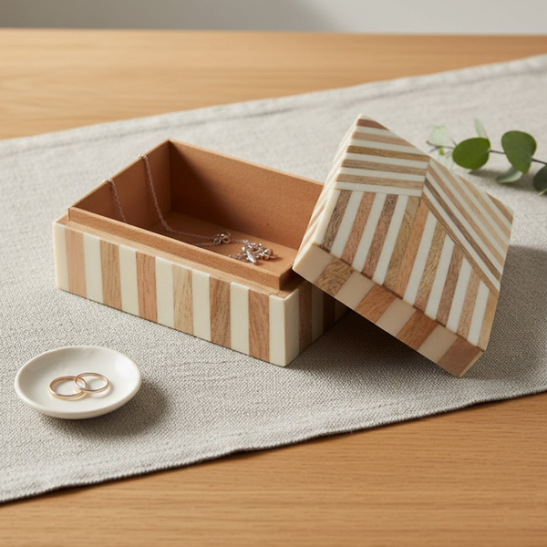 Neutral Striped MDF & Resin Jewelry Box – Handcrafted Wooden Jewelry Box for Women