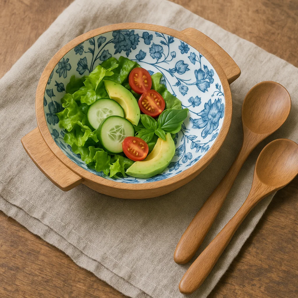 Wooden salad bowl server close-up of floral enamel