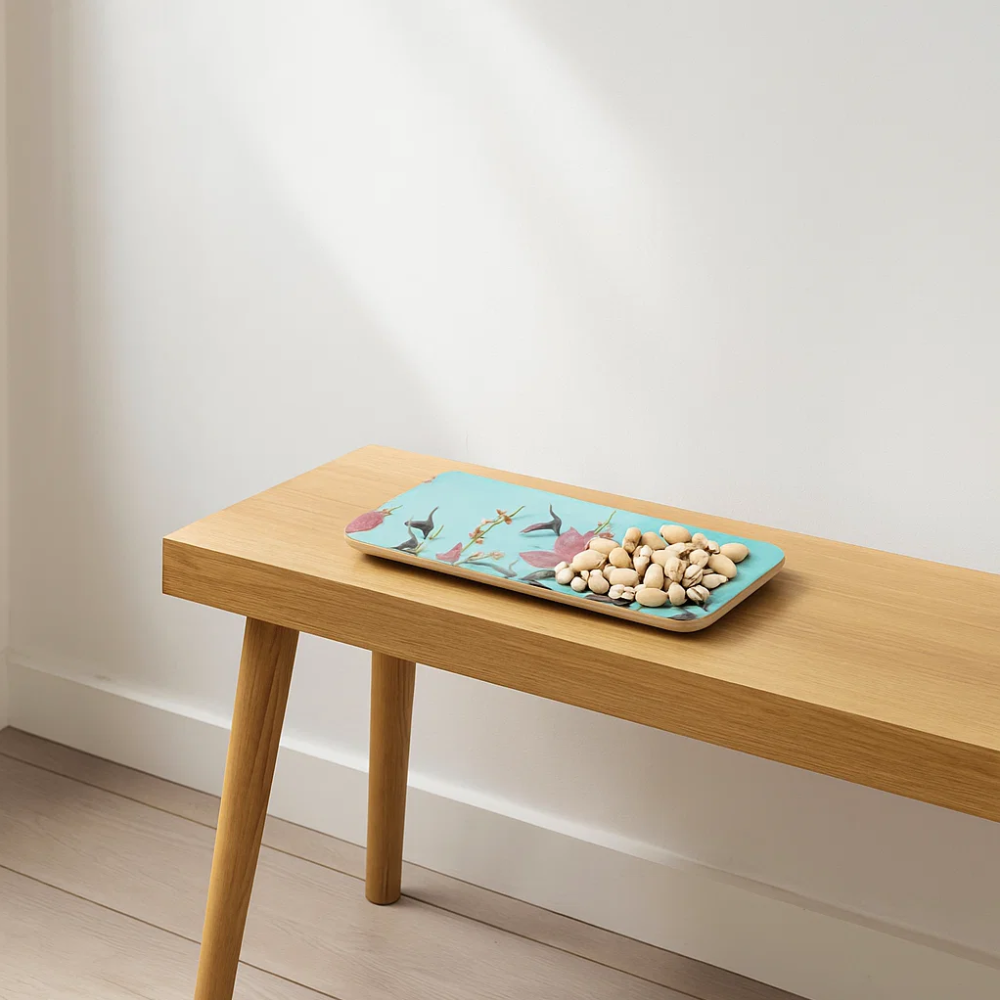 Floral wooden tray side view