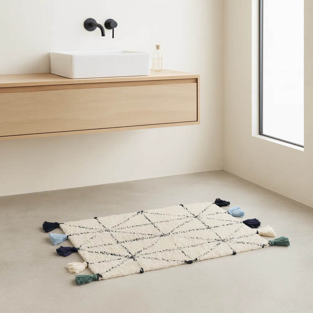 Angled view of the handwoven cotton bath mat