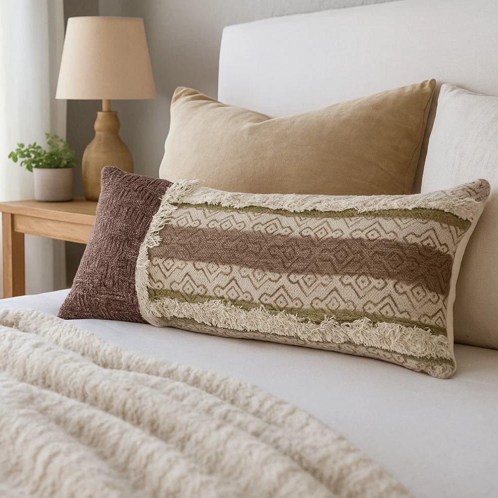 Block printed tufted lumbar cushion cover detail of block print