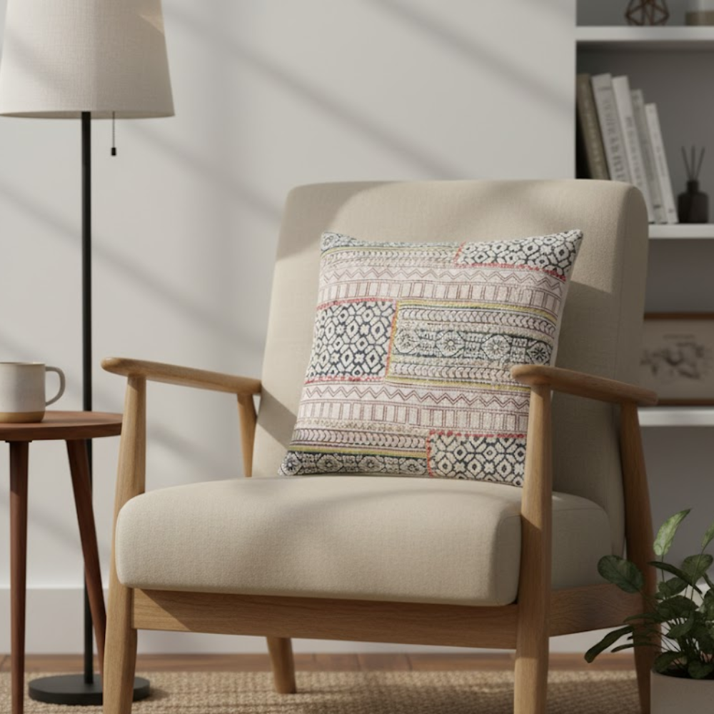 Block printed geometric cushion cover styled on a sofa
