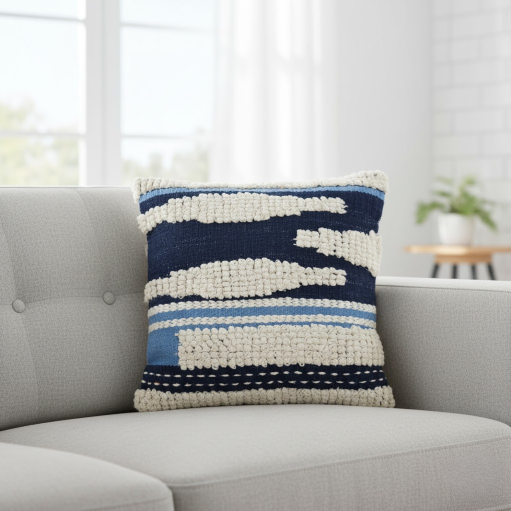 Aqua tufted cushion cover detail of cotton weave