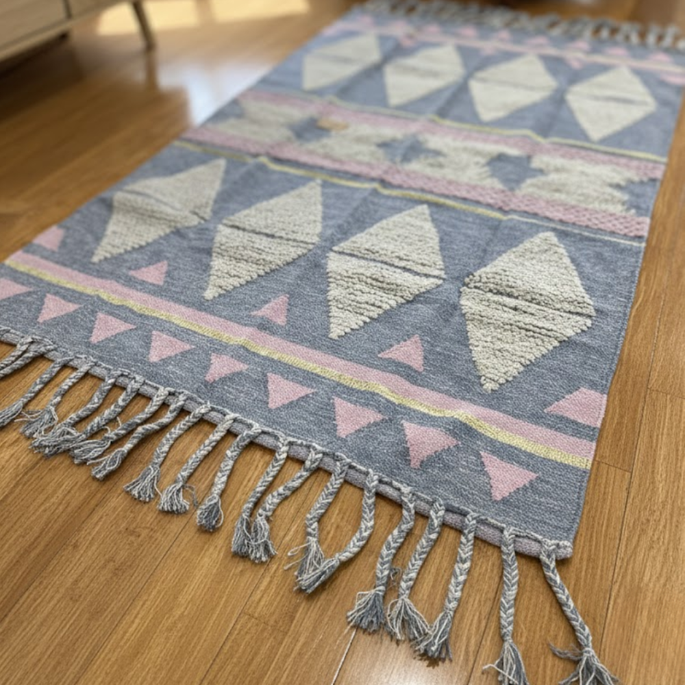 Geometric fringed rug styled on a floor
