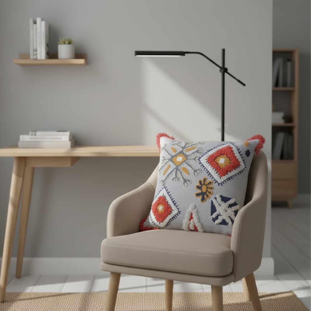 Fringed embroidered cushion cover in a boho room