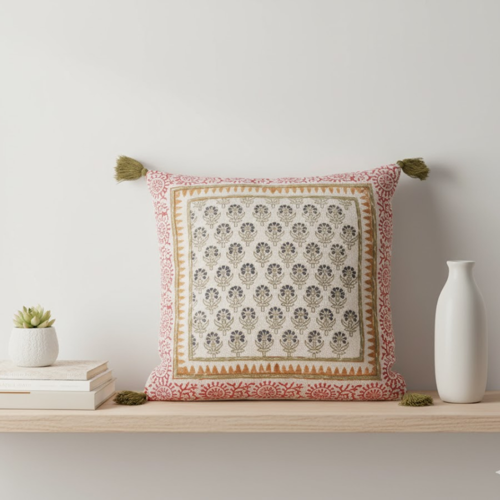 Block printed floral cushion cover close-up of floral motif