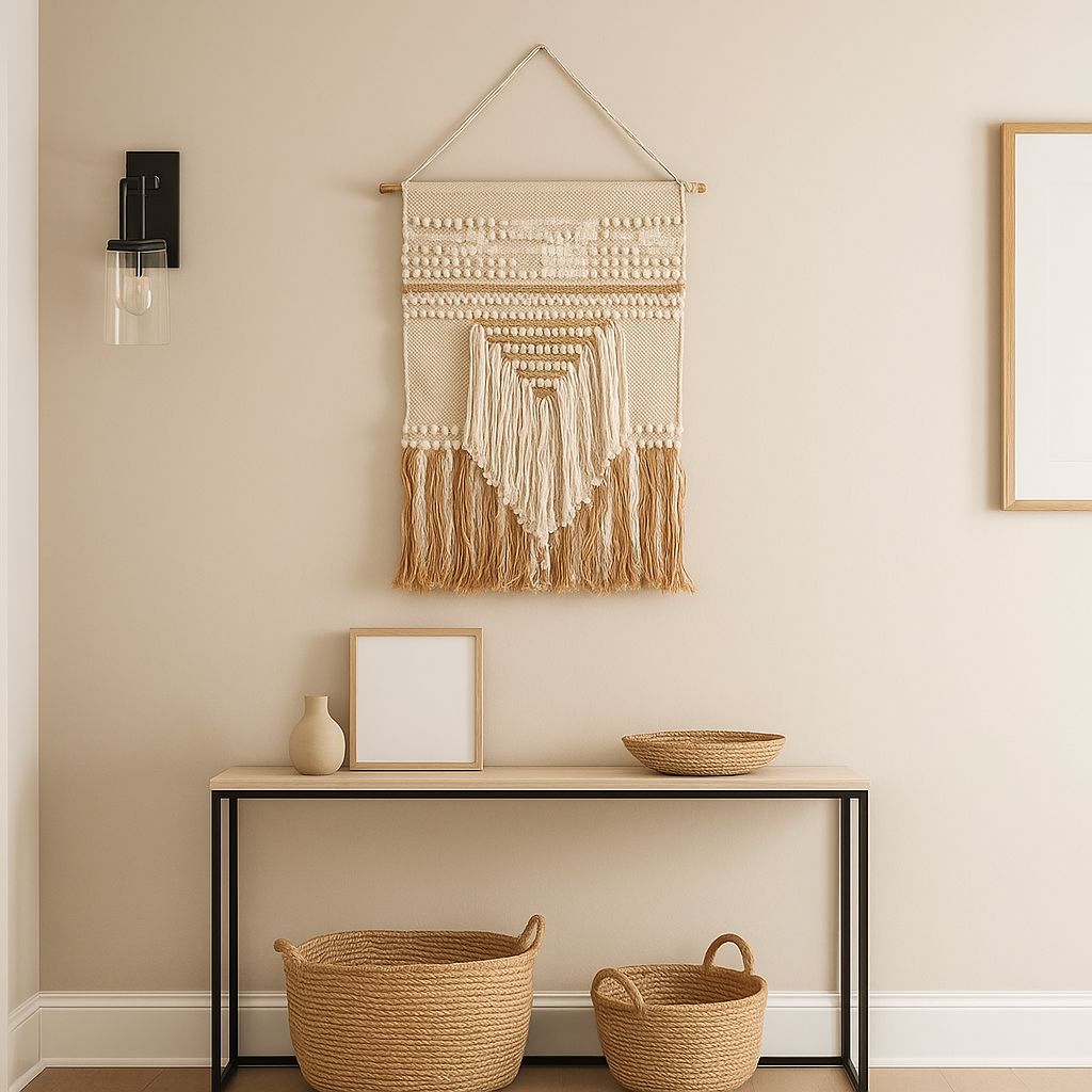 Neutral cotton fringe wall hanging detail of combed fringe