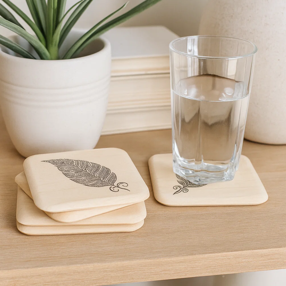 Feather wooden coasters styled with a drink