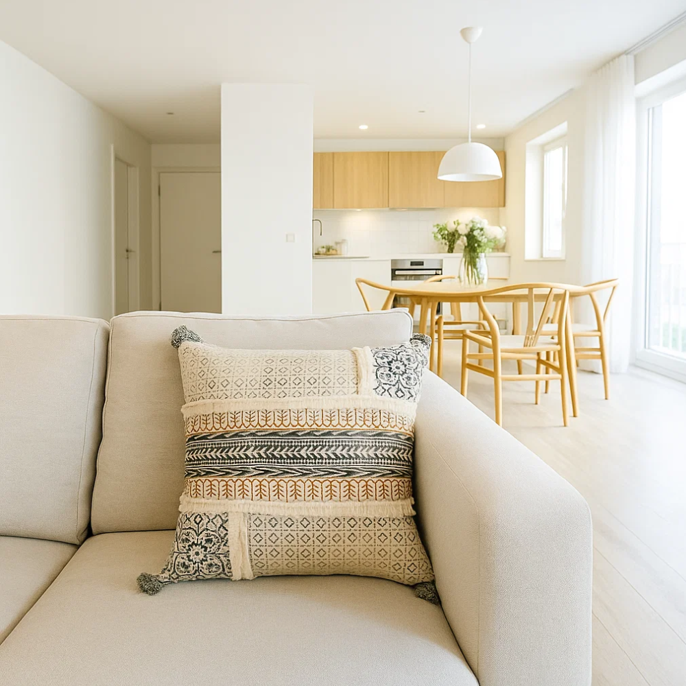 Bold maximal cushion cover styled on a sofa