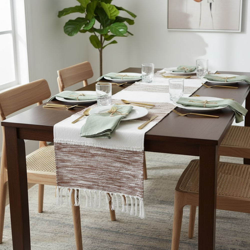 Striped cotton table runner edge detail