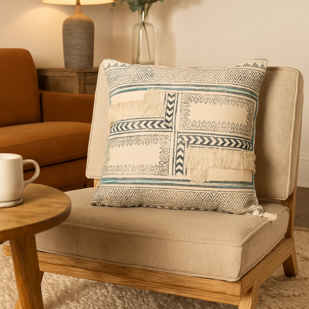 Geometric cotton cushion cover at an angle