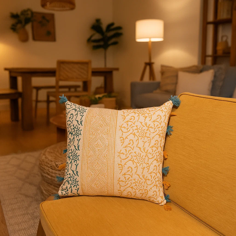 Block printed tassel cushion cover at an angle