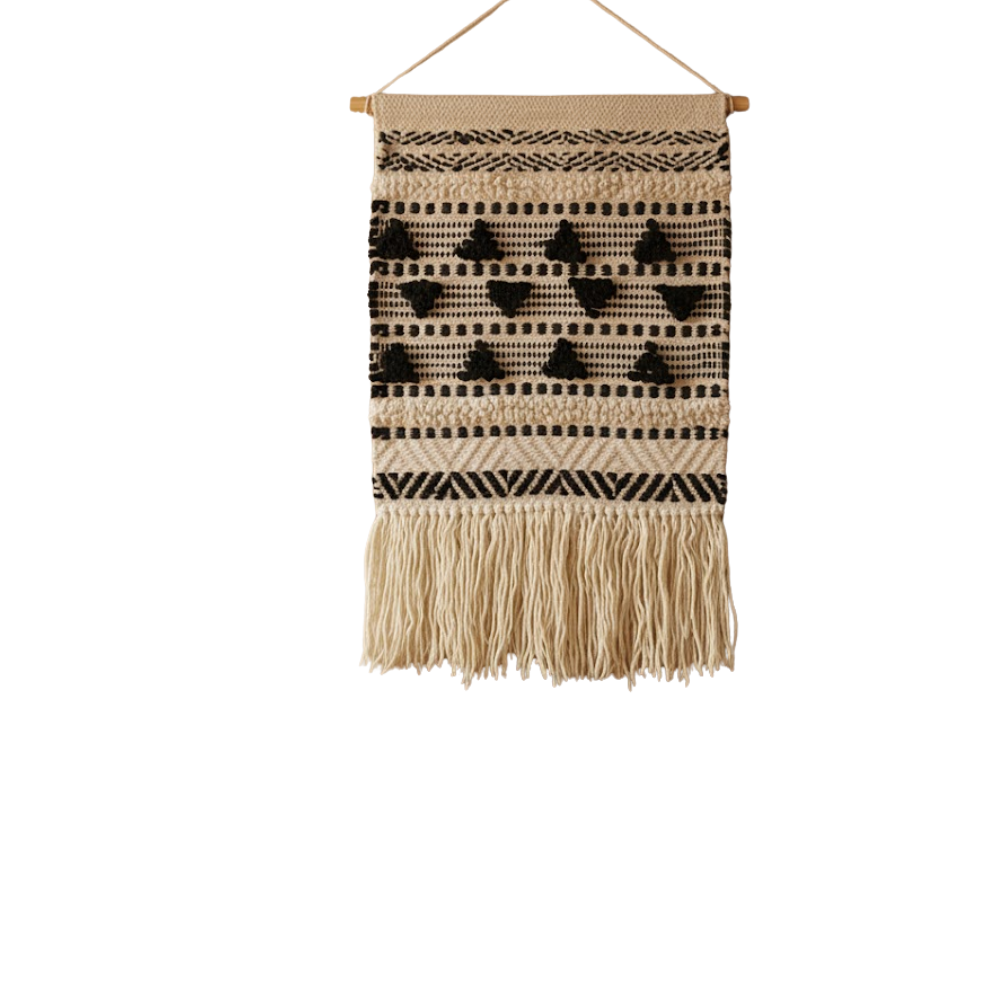 Textured wool and cotton wall hanging detail of wood rod