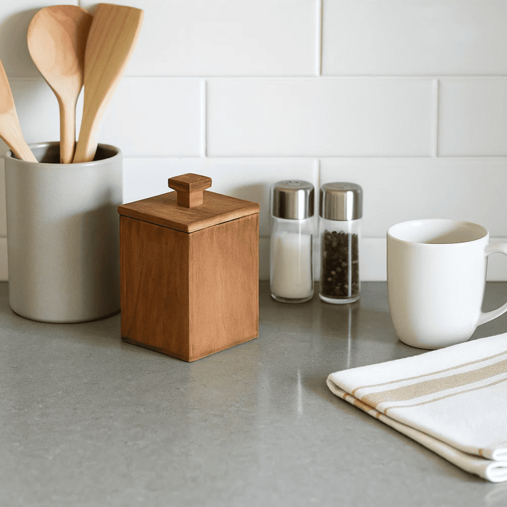 Wooden square jar with lid open
