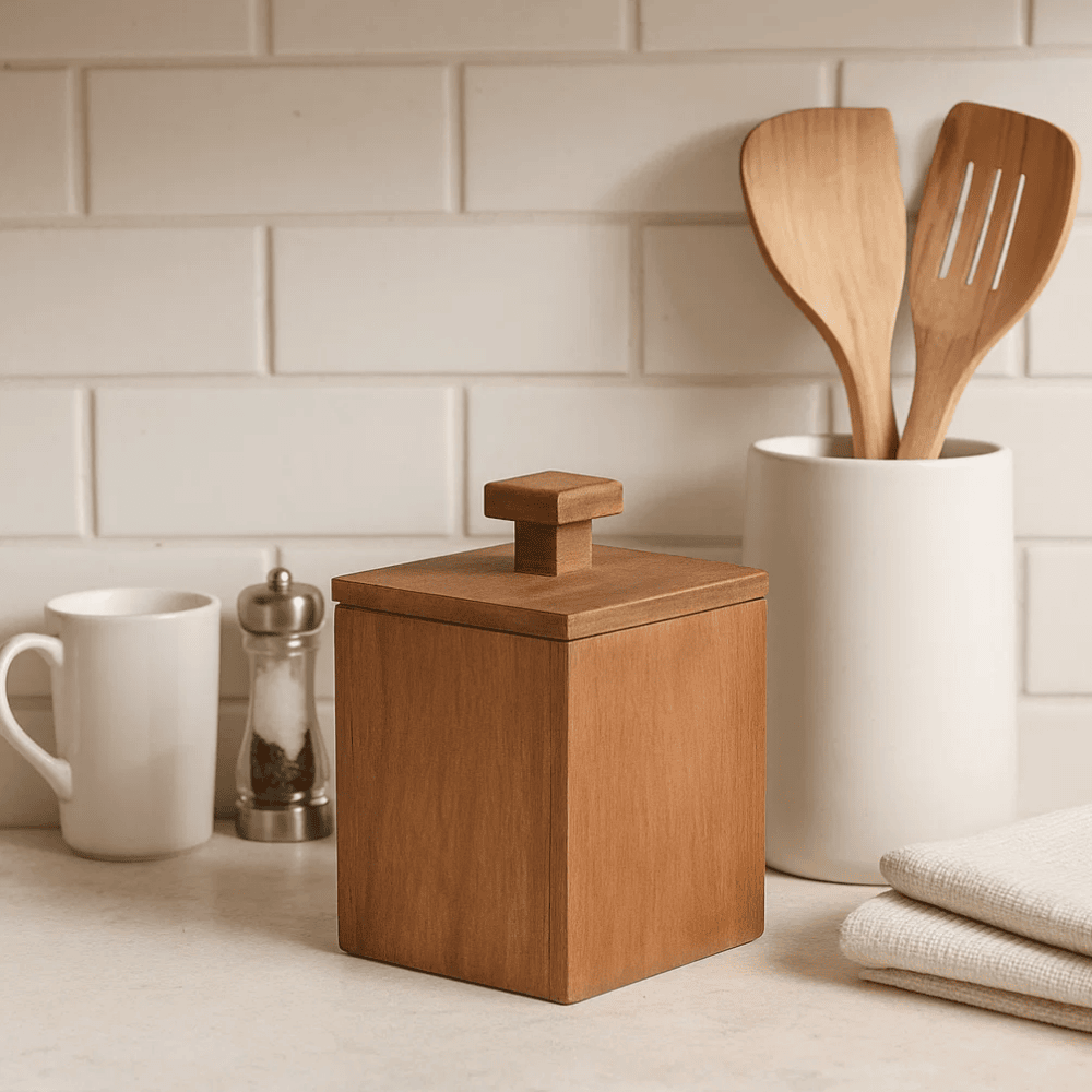 Wooden square jar on kitchen bench