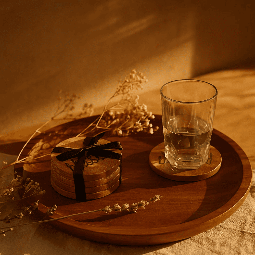 Mango wood coasters stack detail