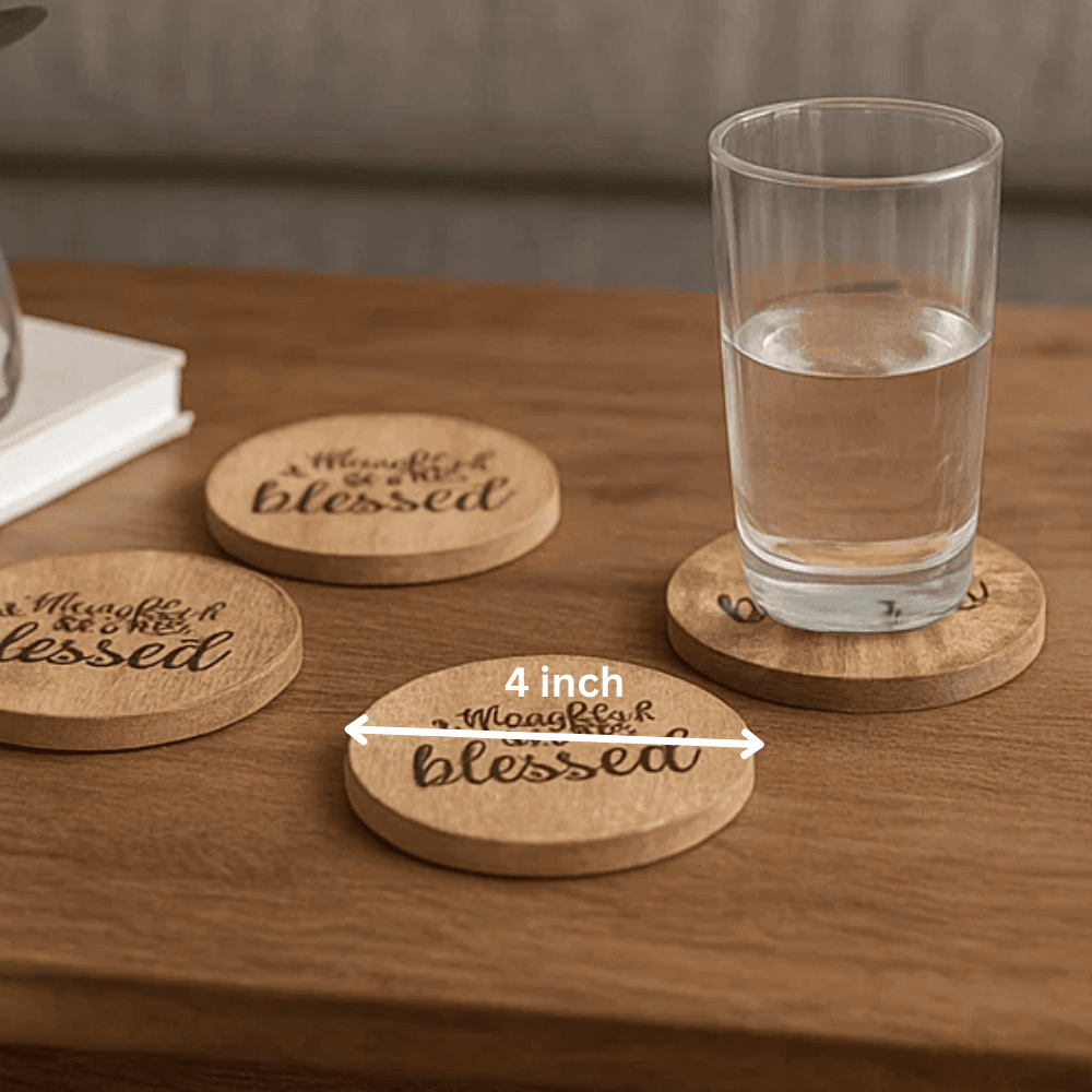 Mango wood coasters close-up of grateful etching