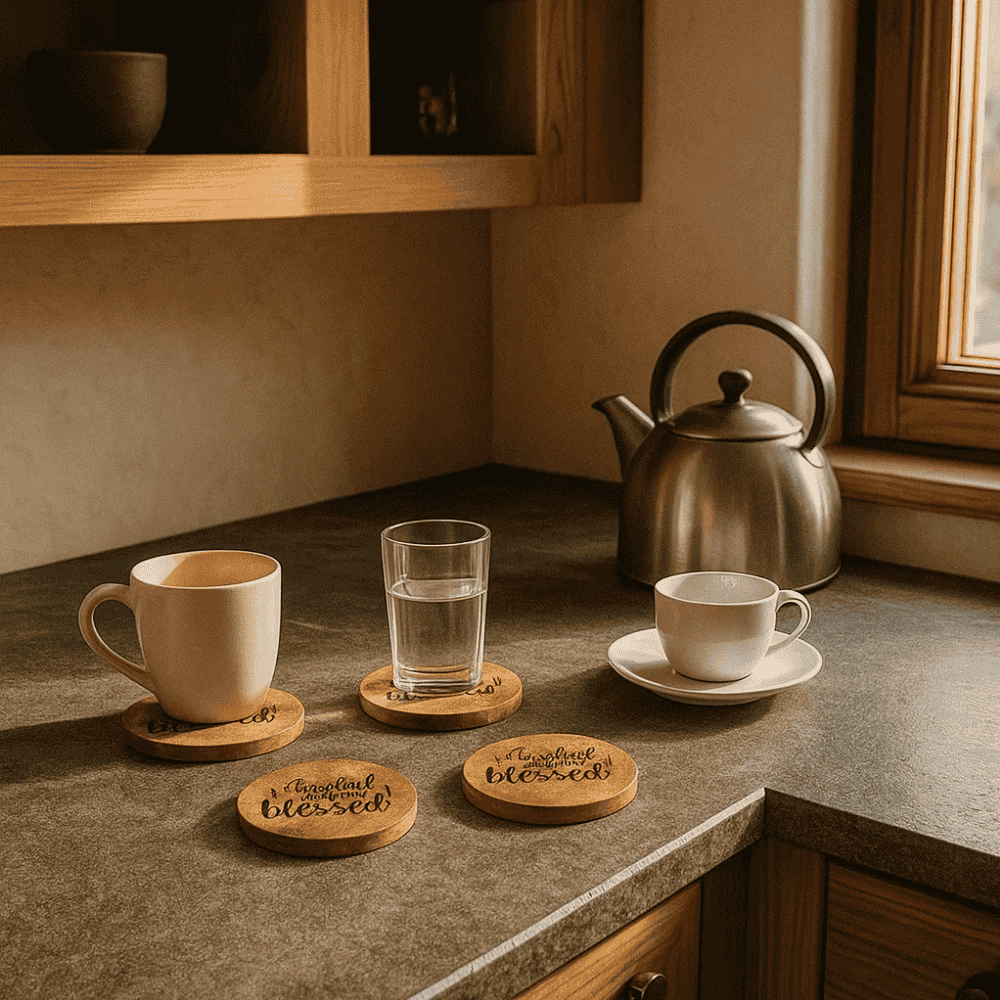 Mango wood coasters styled with a mug