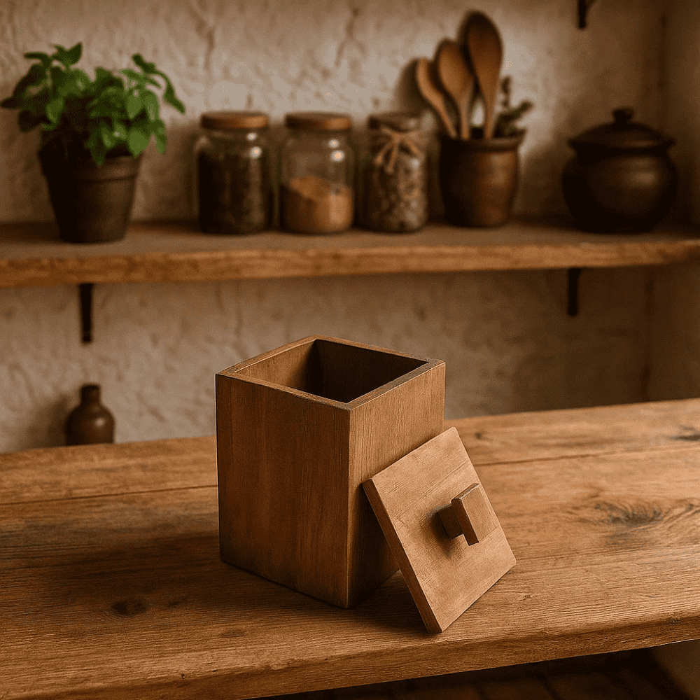 Wooden square jar grain close-up