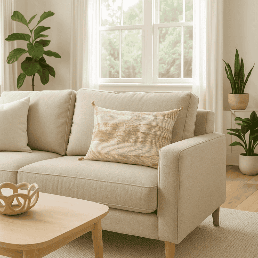 Yellow lumbar cushion cover styled on a sofa