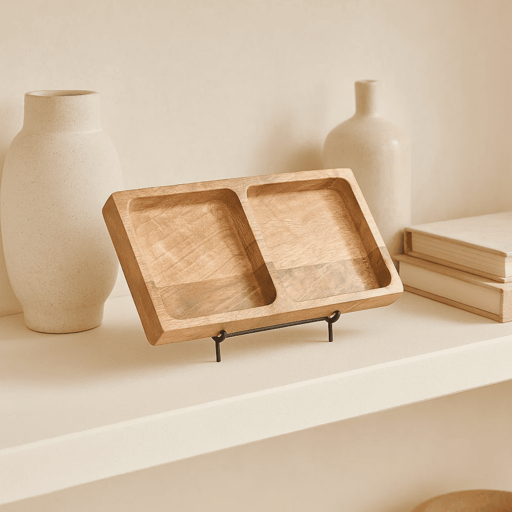 Raw mango wood tray edge detail