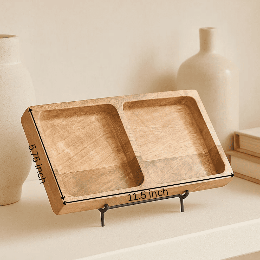 Raw mango wood tray styled with items