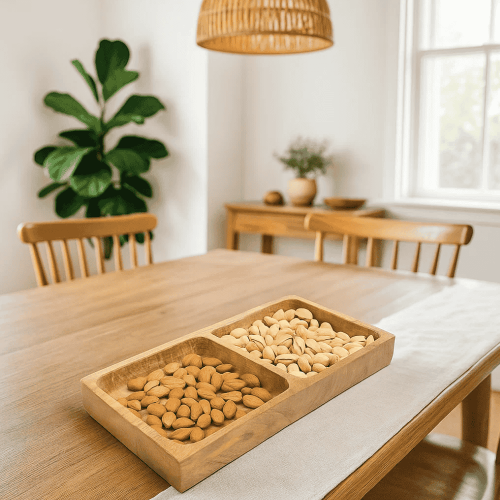 Raw mango wood tray at an angle