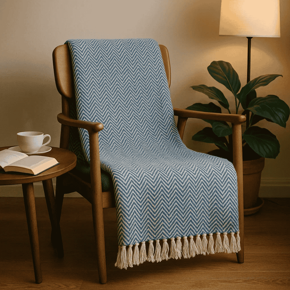 Blue chevron throw blanket draped over a chair